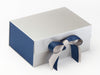 Navy Textured FAB Sides® Decorative Side Panels Featured on Silver A5 Deep Gift Box with Peacoat Double Ribbon