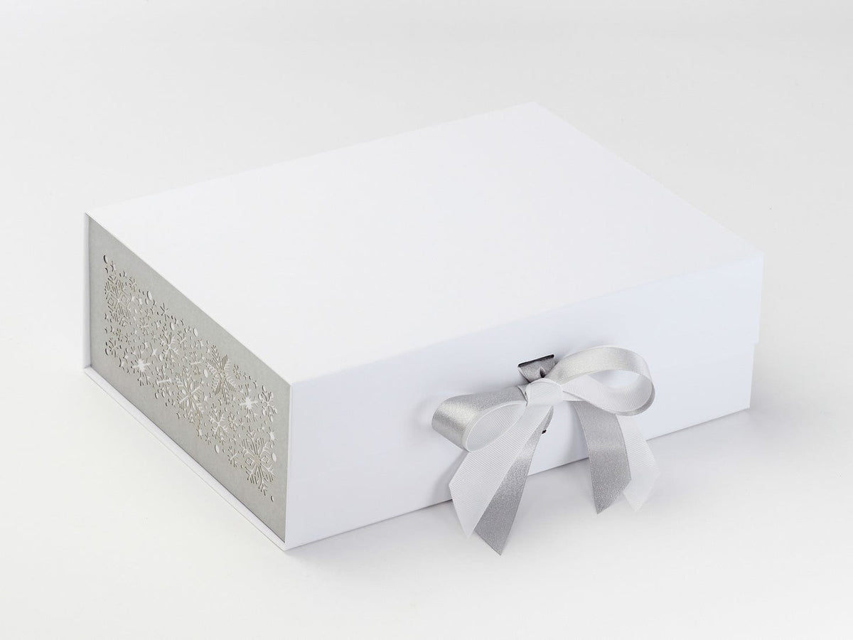 Silver Snowflakes FAB Sides® Featured on White A4 Deep Gift Box with Silver Sparkle Double Ribbon