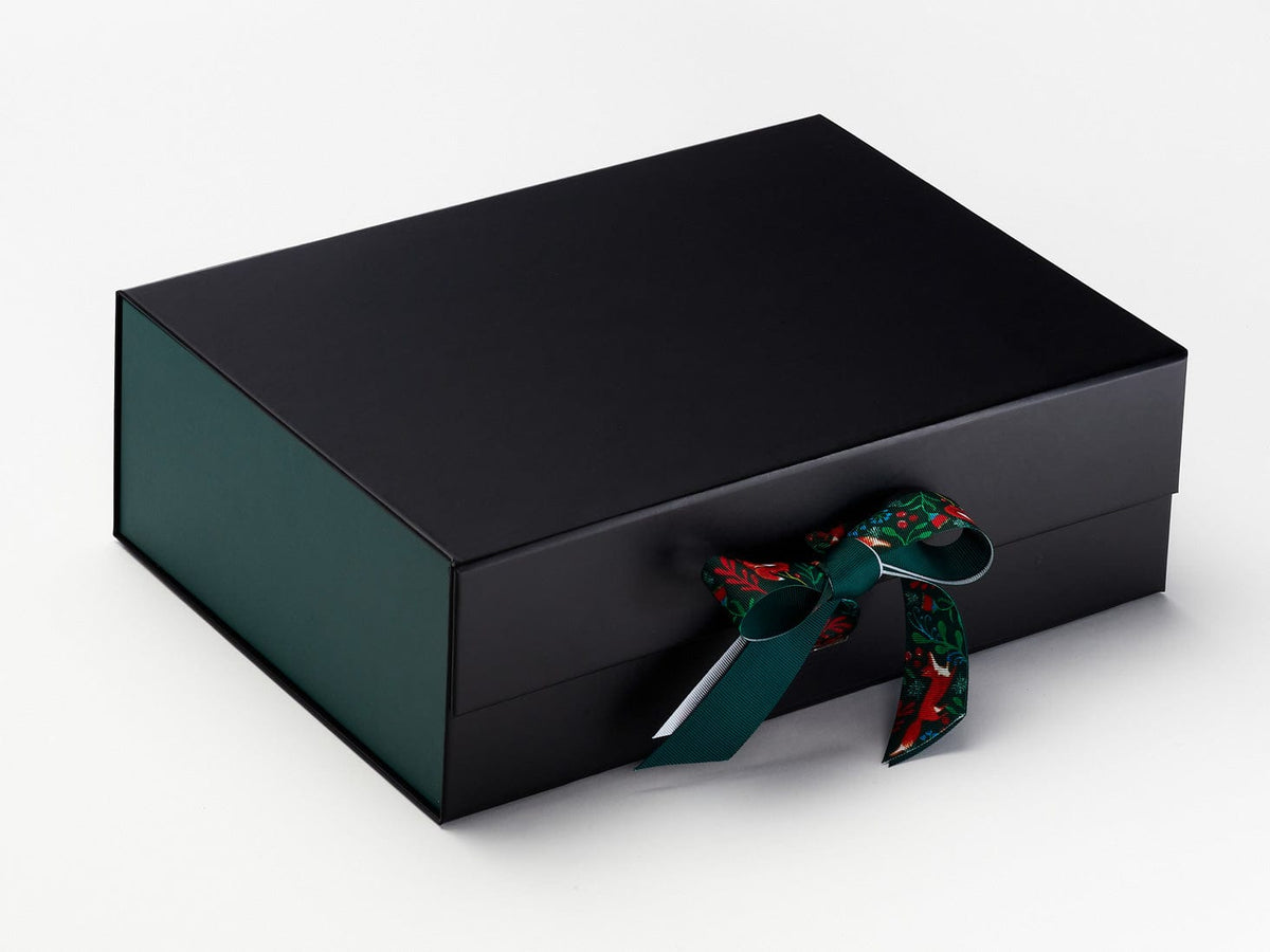 Foxy Friends Christmas Ribbon Featured on Black Gift Box with Hunter Green FAB Sides®