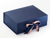 Sample Rose Gold Metallic Sparkle 80cm Satin Ribbon Featured on Navy Gift Box