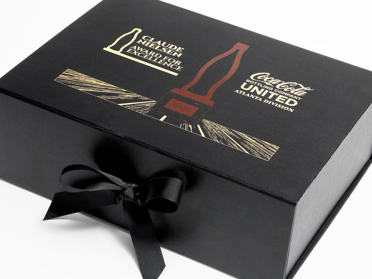 CocaCola Logo in Two Colour Gold and Bronze Foil on A4 Deep Gift Box with Changeable Black Ribbons