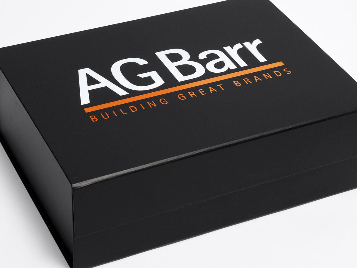 Matt Black A4 Deep Gift Boxes with Two Colour White and Orange Logo Foiled to Outside lid