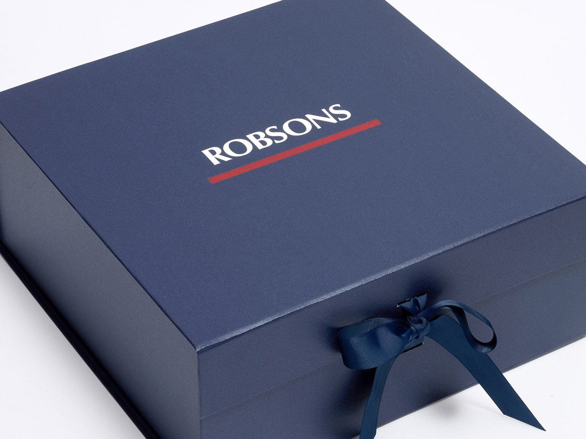 Robsons Two Colour Red and White Foiled Logo on Navy XL Deep Gift Box with Changeable Ribbon