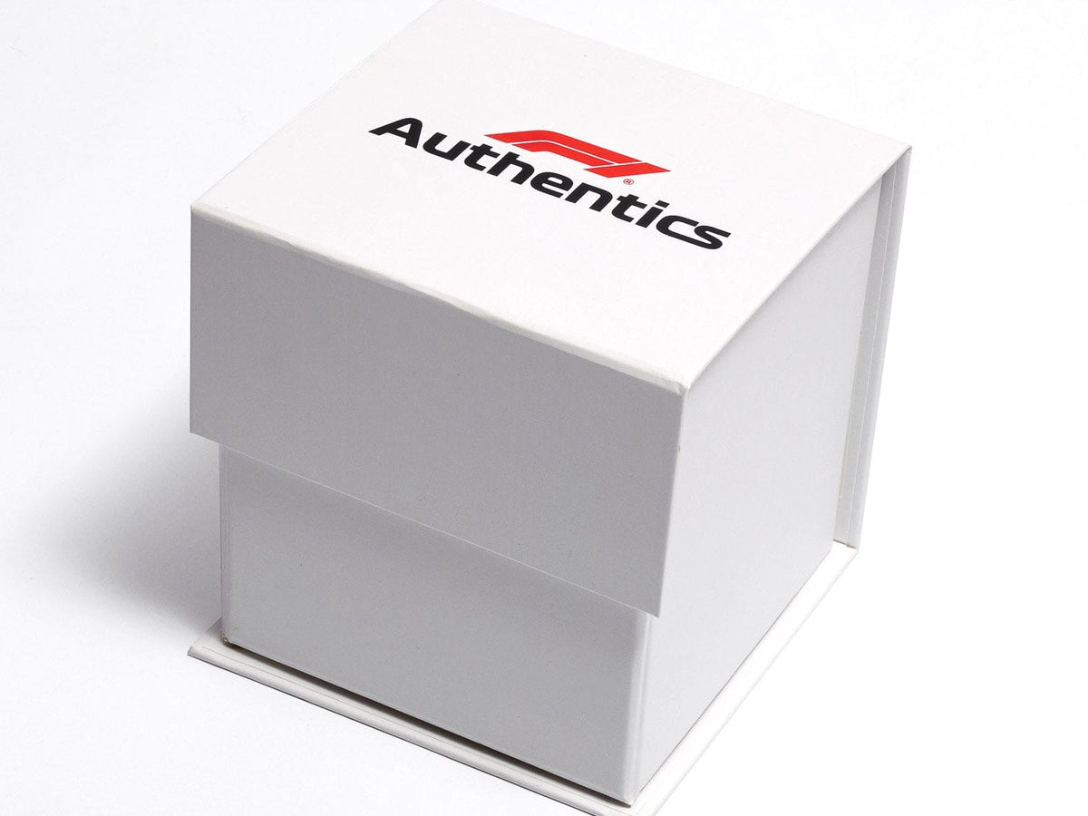 White Large Cube box with ‘F1 Authentics’ Red and Black Screen Printed logo to lid on a white background