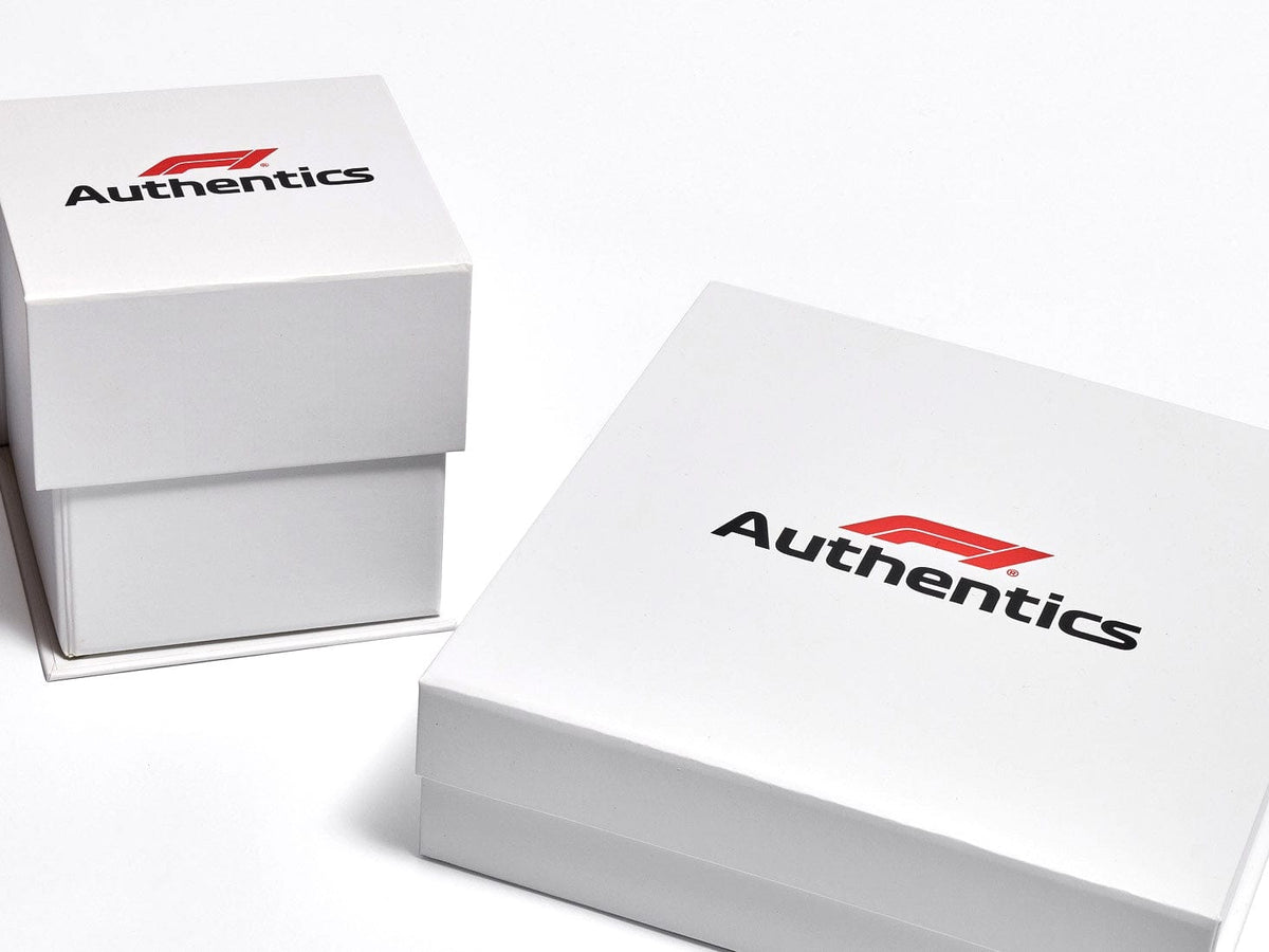 Red and Black F1 Authentics logo Printed on White Medium Gift Boxes No Ribbon and Large Cube White No Ribbon Gift Boxes