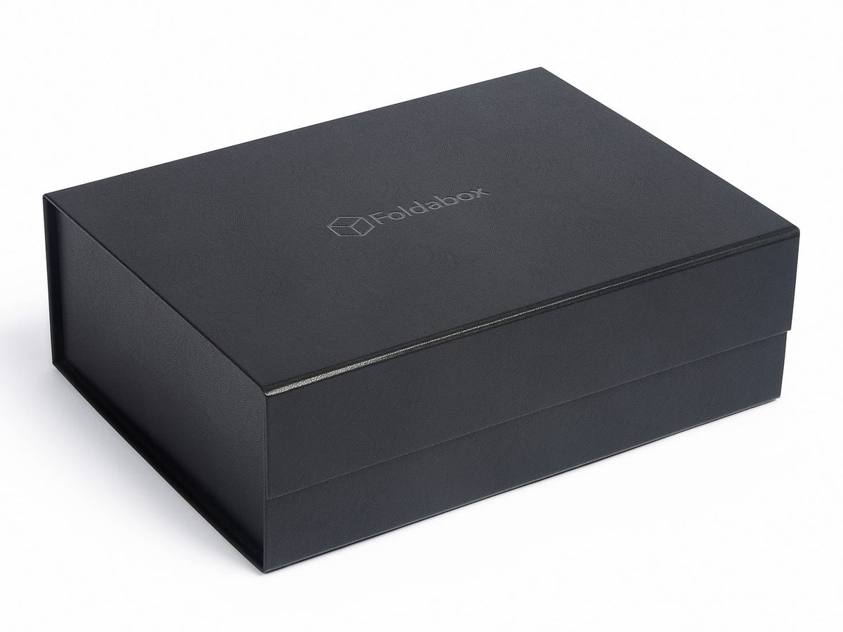 Black Faux Leather Gift Box with Black Foil Logo to Lid