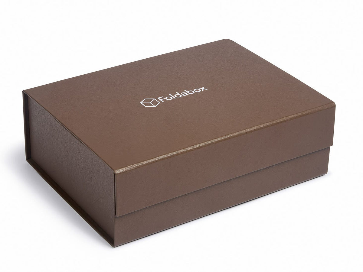 A4 Dark Brown Faux Leather Gift Box with Silver Foil Logo To Lid