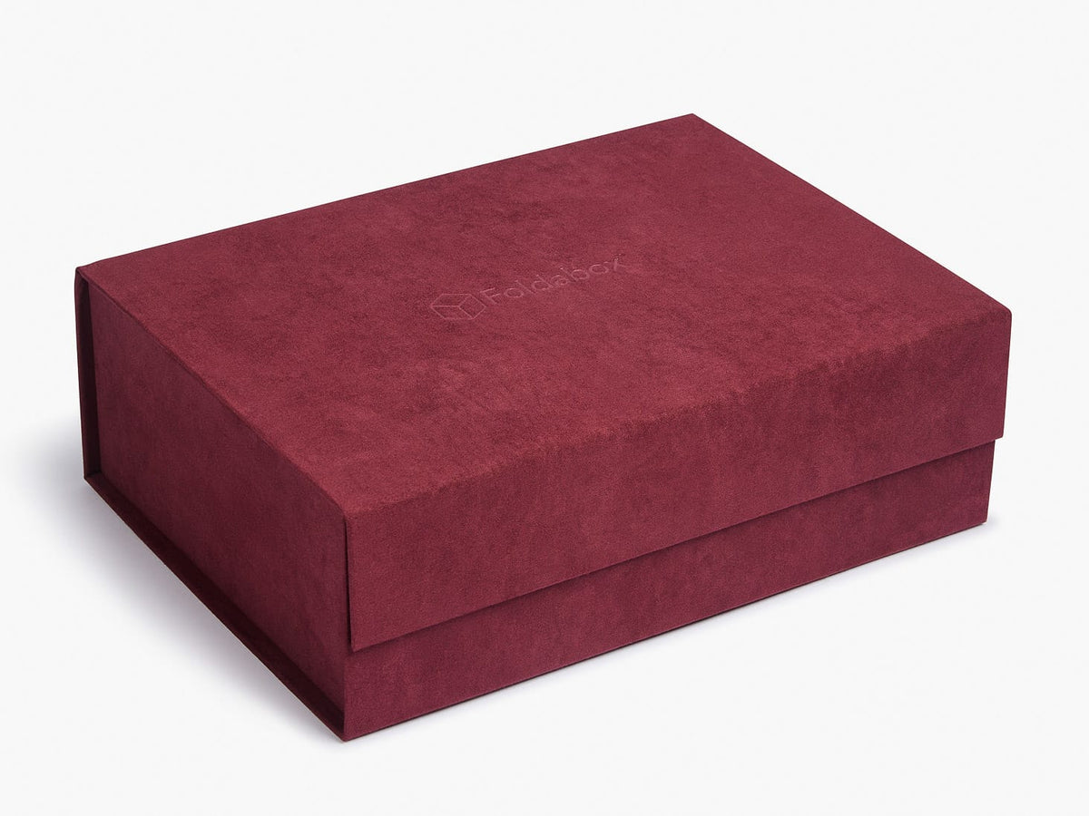Burgundy Faux Suede Gift Box with Custom Debossed logo to lid