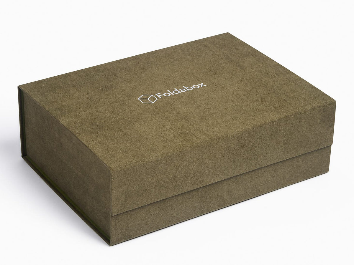Sage Green Fauux Suede Gift Box with Custom Silver Foil Logo to Lid
