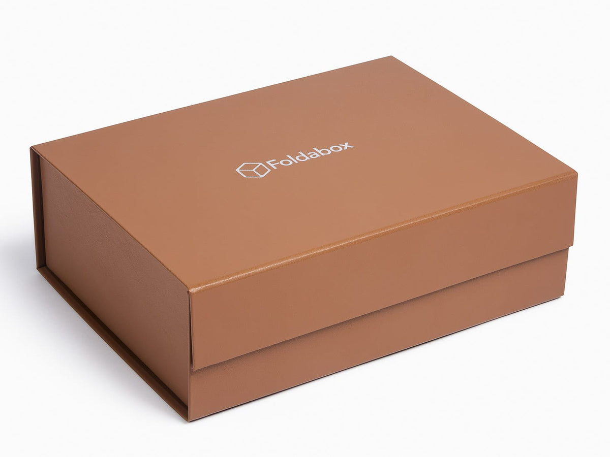 Tan Faux Leather Gift Box with Silver Foil logo to Lid