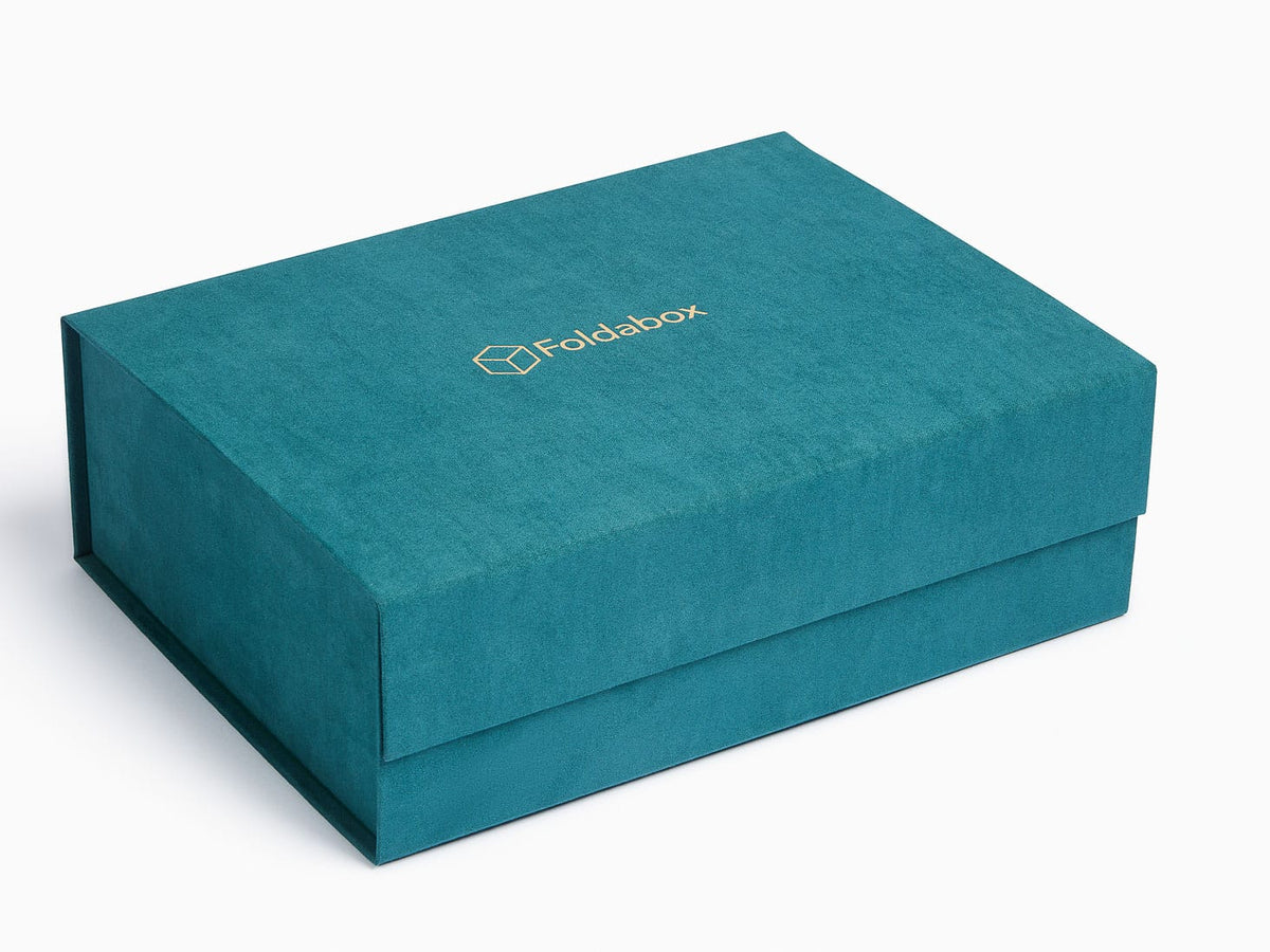 Teal Faux Suede Gift Box with Custom Gold Foil Logo To Lid