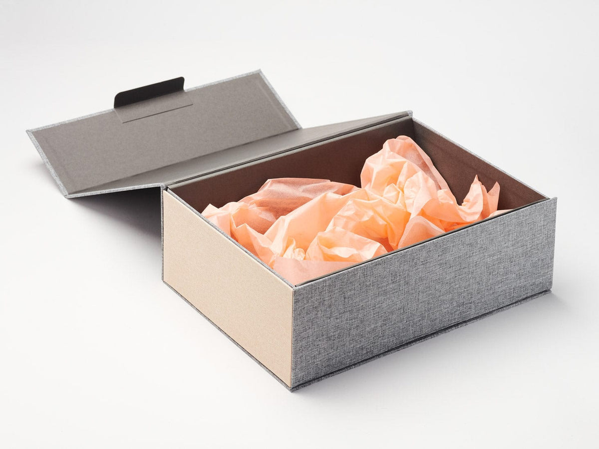 Hessian Linen FAB Sides® Featured on Grey Linen Gift Box with Peach Tissue
