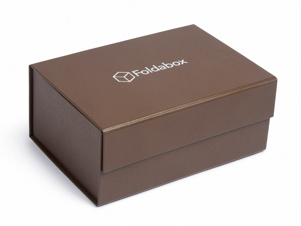 Dark Brown Faux Leather Gift Box with Silver Foil Logo to Lid