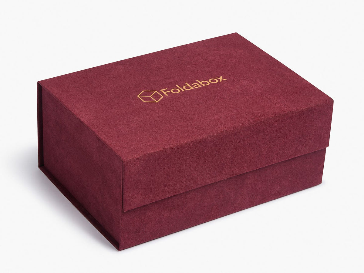 Burgunfy Faux Suede Gift Box with Custom Rose Gold Logo to lid