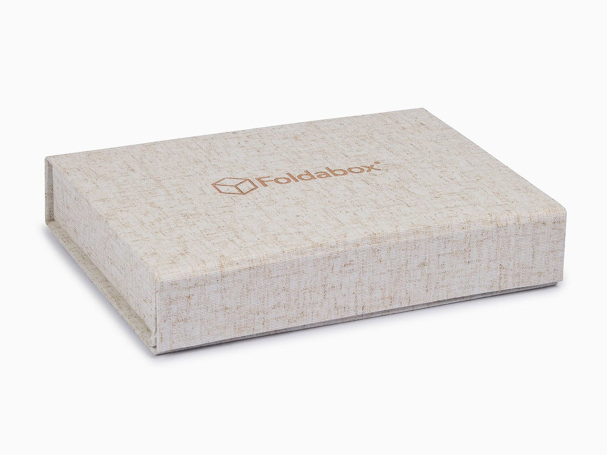 Natural Linen A5 Shallow Gift Box with Custom Gold Foil Logo to Lid