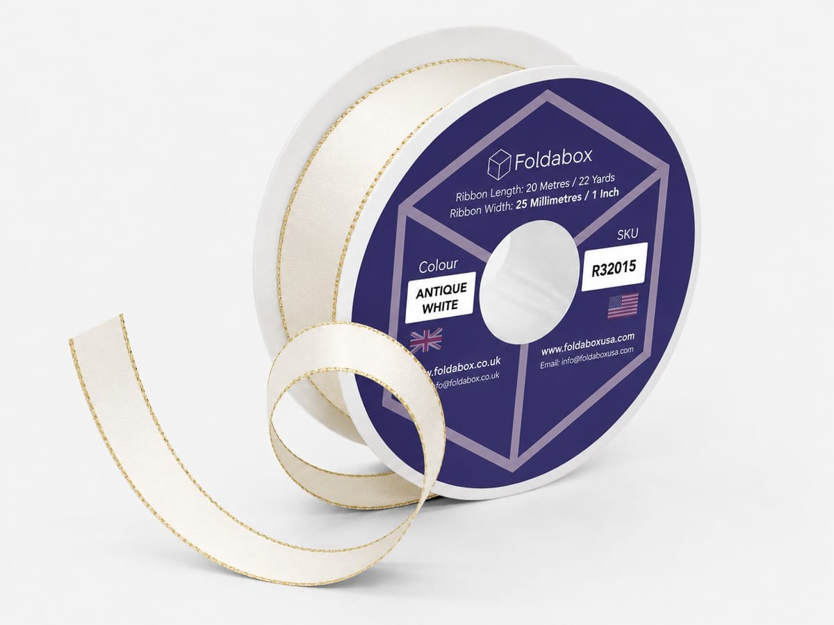 Antique White Satin Ribbon with Gold Sticthed Edge 20m Roll
