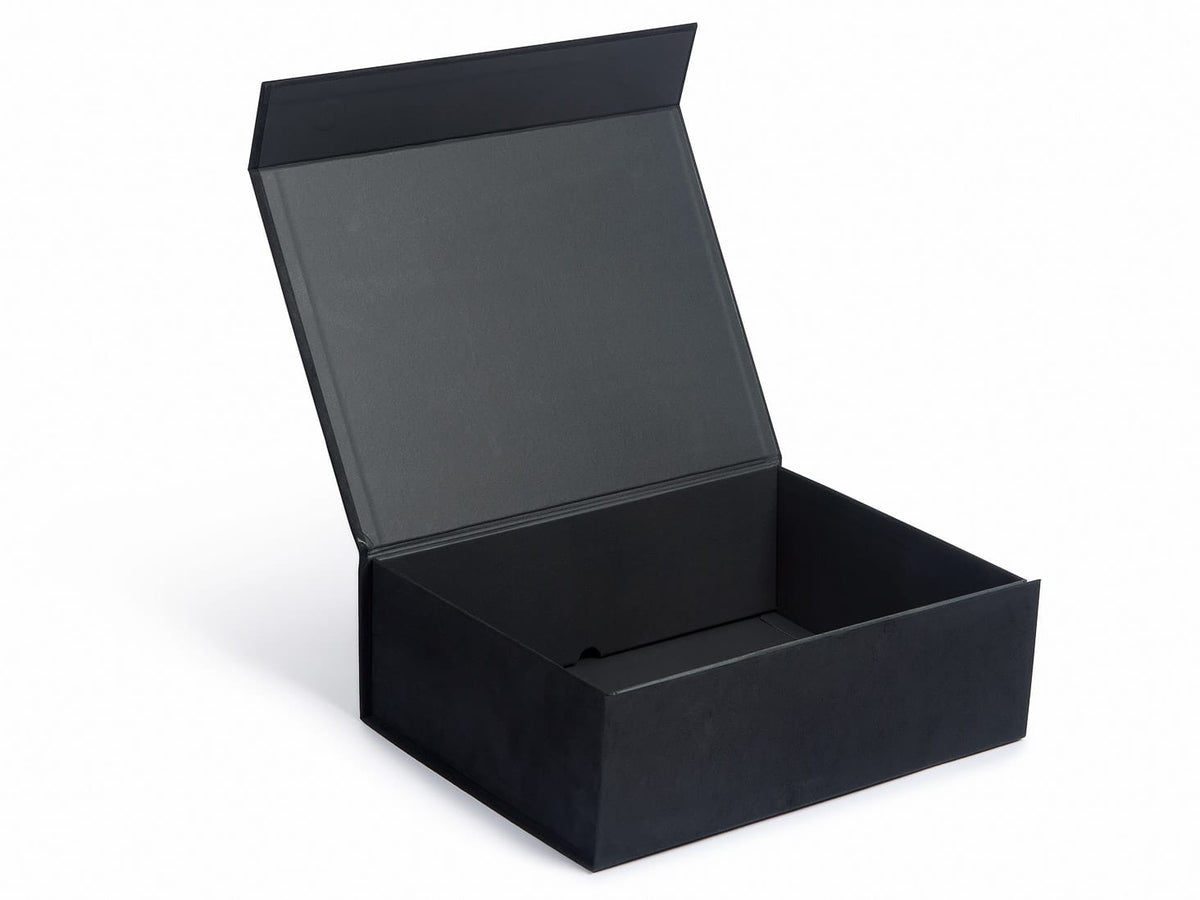Black Faux Suede Gift Box Assembled with Lid Open