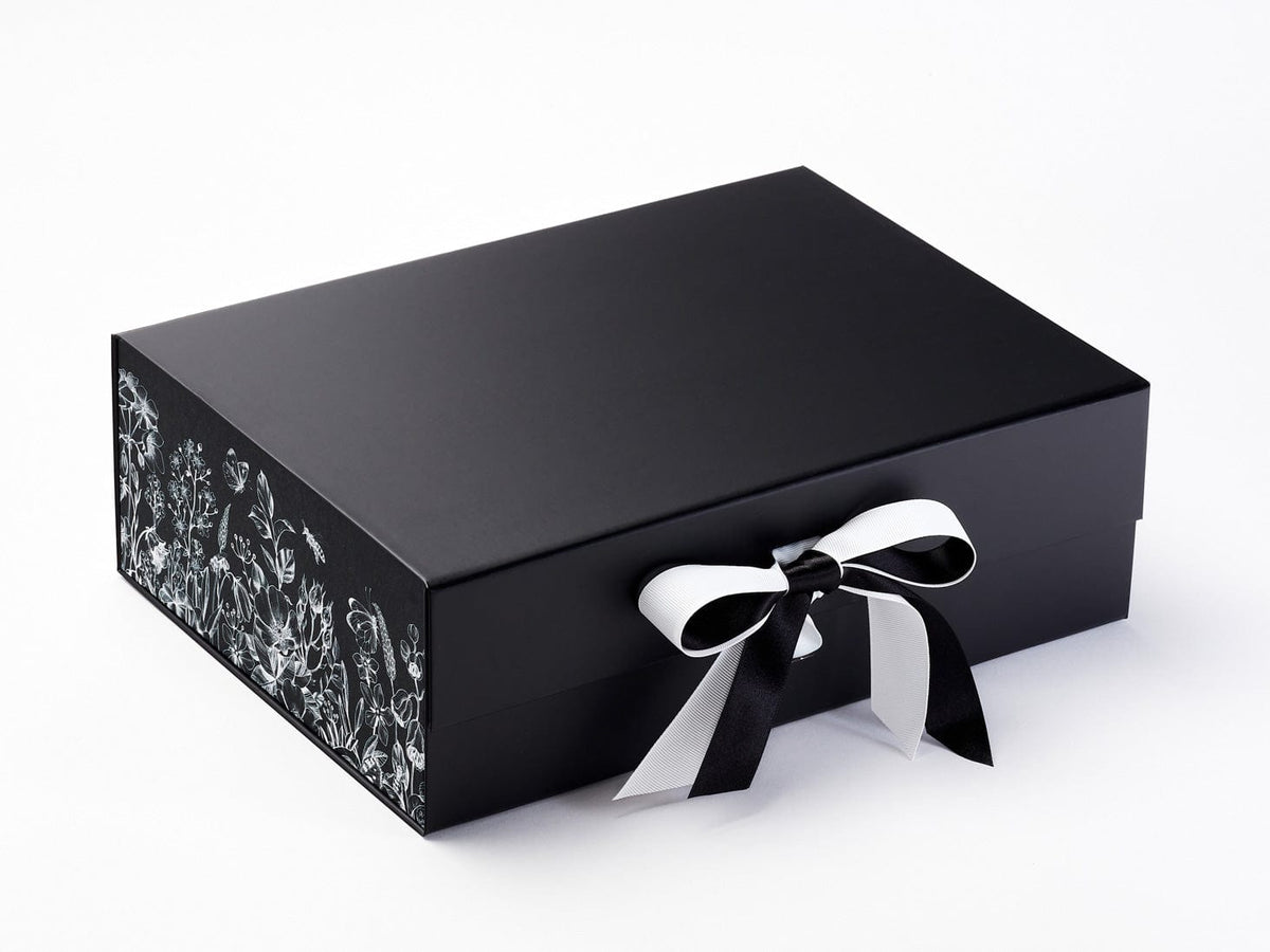 Black Botanical Sketch FAB Sides® Featured with Black Satin and White Grosgrain Double Ribbon