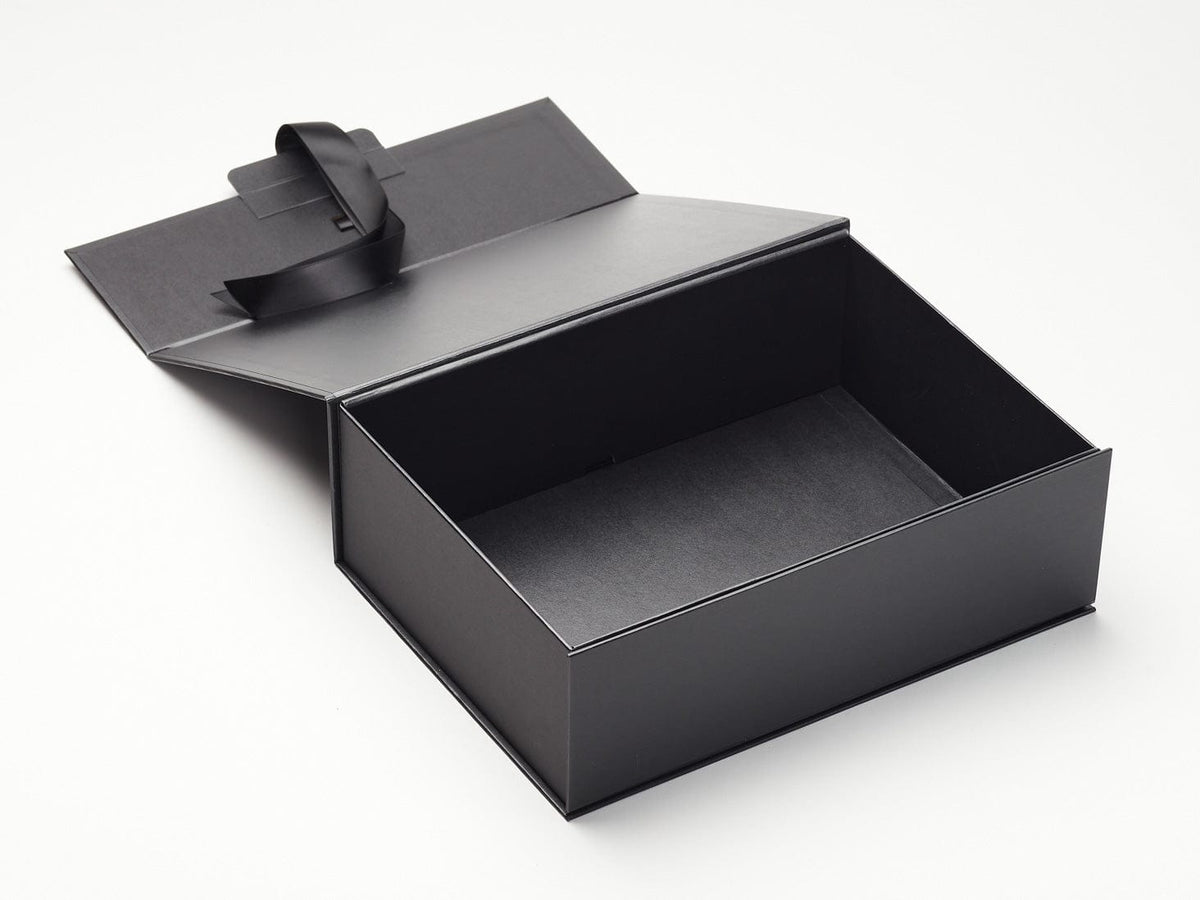 Sample Black A4 Deep No Magnets Gift Box with Changeable Ribbon Assembled Open