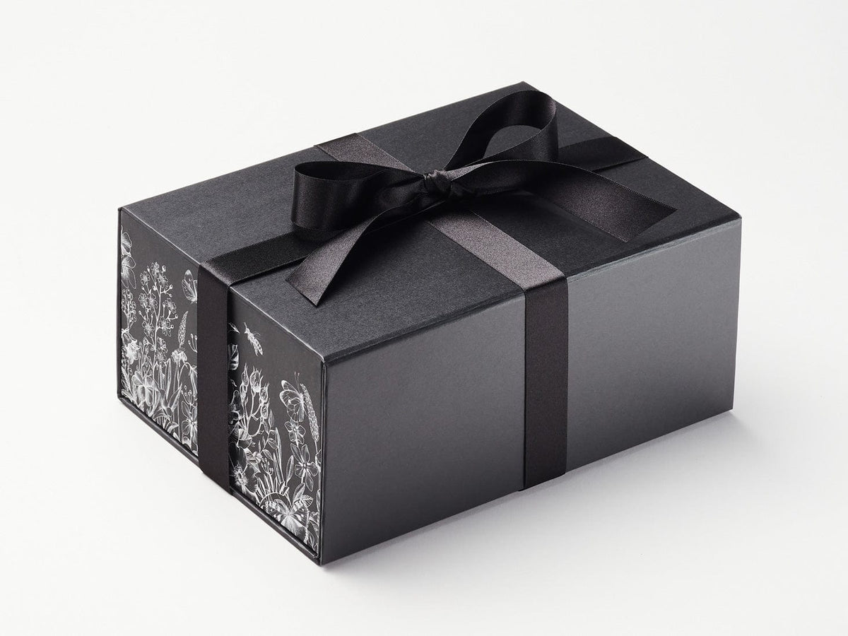 Black A5 Deep No Magnet Gift Box with Black Botanical Sketch FAB Sides® and Black Satin Ribbon