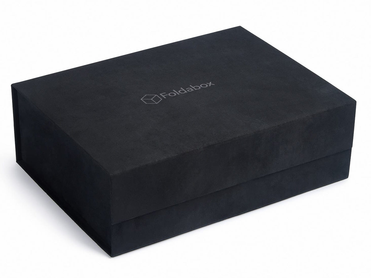 Black Faux Suede Gift Box with Black Foil Logo to lid