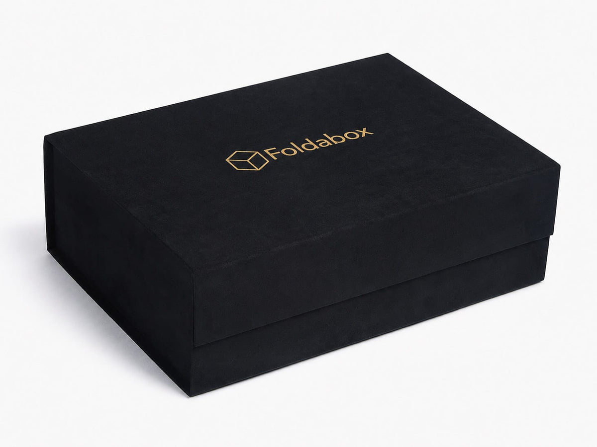 Black Faux Suede Gift Box with Gold Foil Logo to Lid