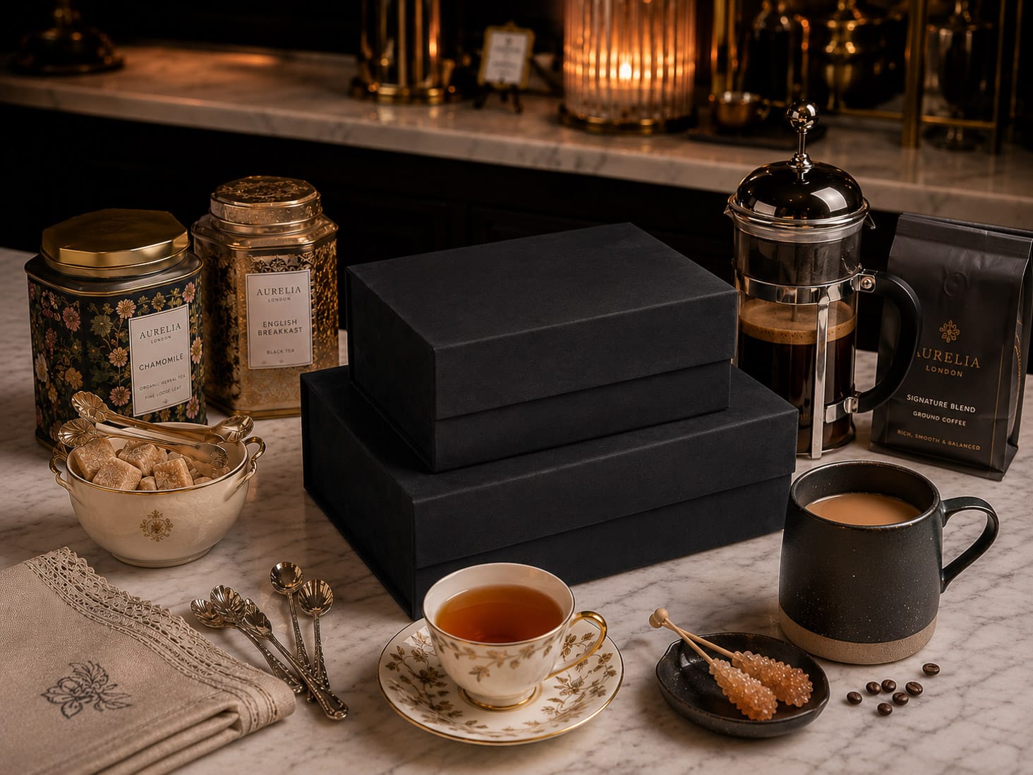Black Faux Suede Gift Boxes for Barista Coffee and Artisan Tea