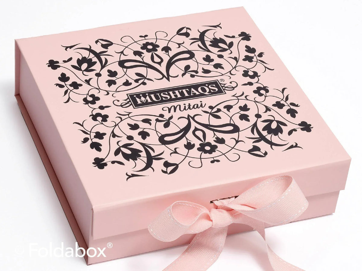 Mushtaq’s Mitai Gloss Black Foiled Logo On Pink Medium Boxes With Changeable Ribbon