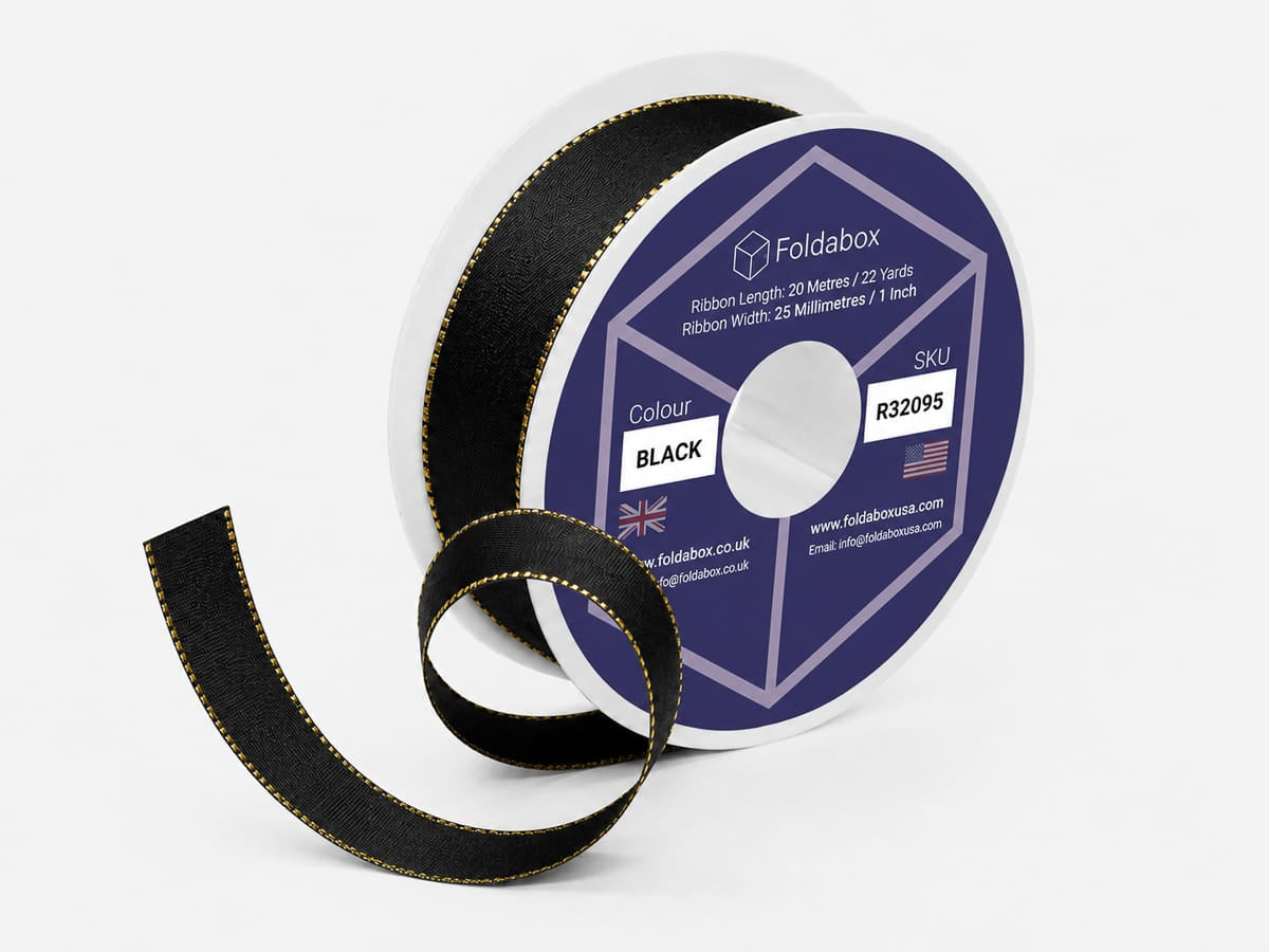 Black Satin Ribbon with Gold Stitched Edge 20m Roll