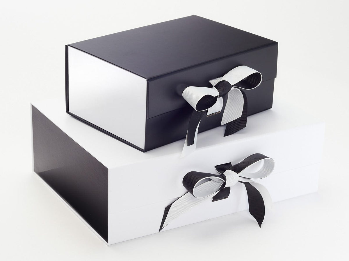 Black Ribbon Combined with Black and White FAB Sides® on Black and White Gift Boxes