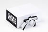 Black Satin Sparkle Ribbon Featured on White Gift Box with Black Hearts FAB Sides®