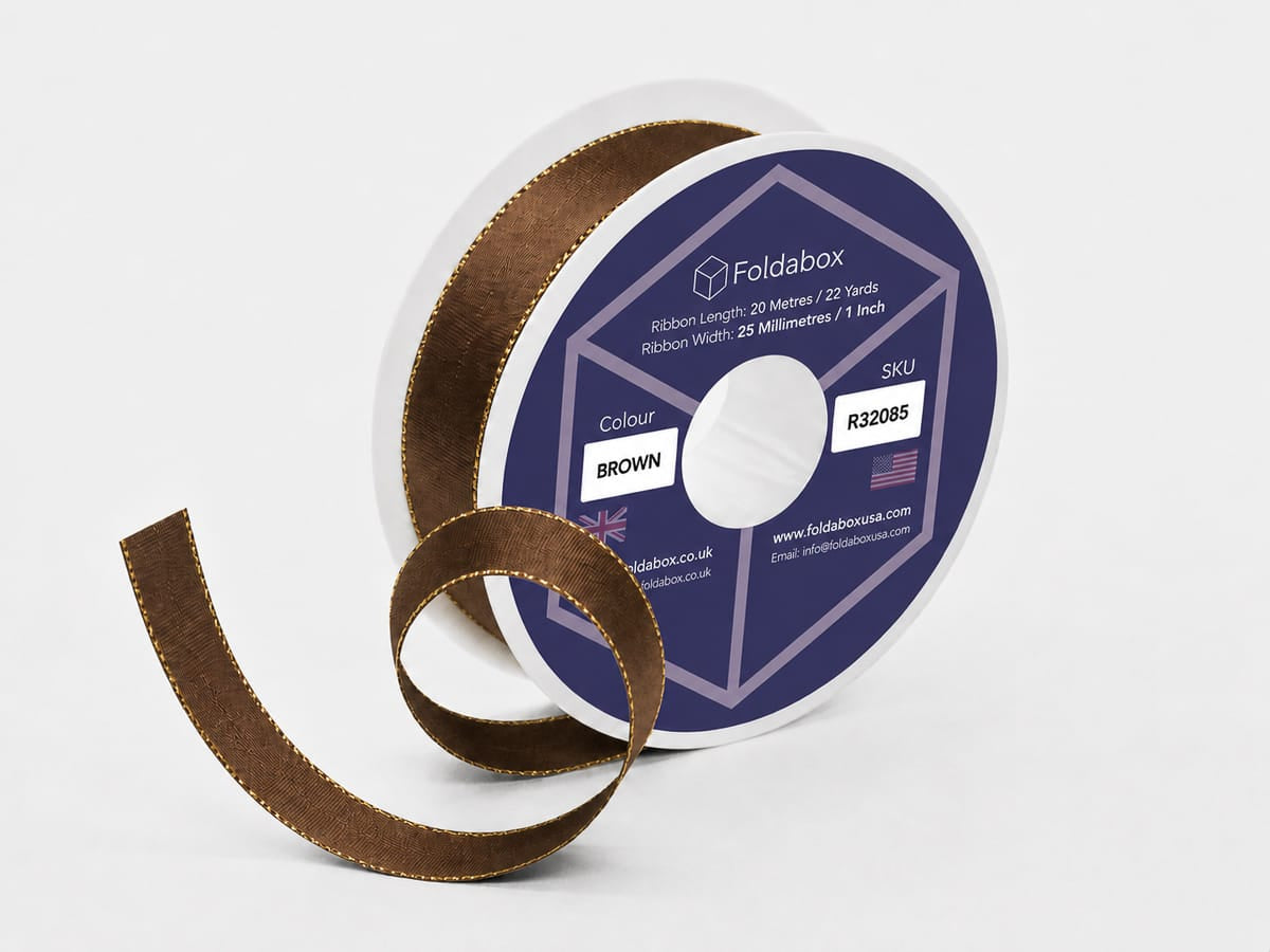 Brown Satin Ribbon with gold stitched edge