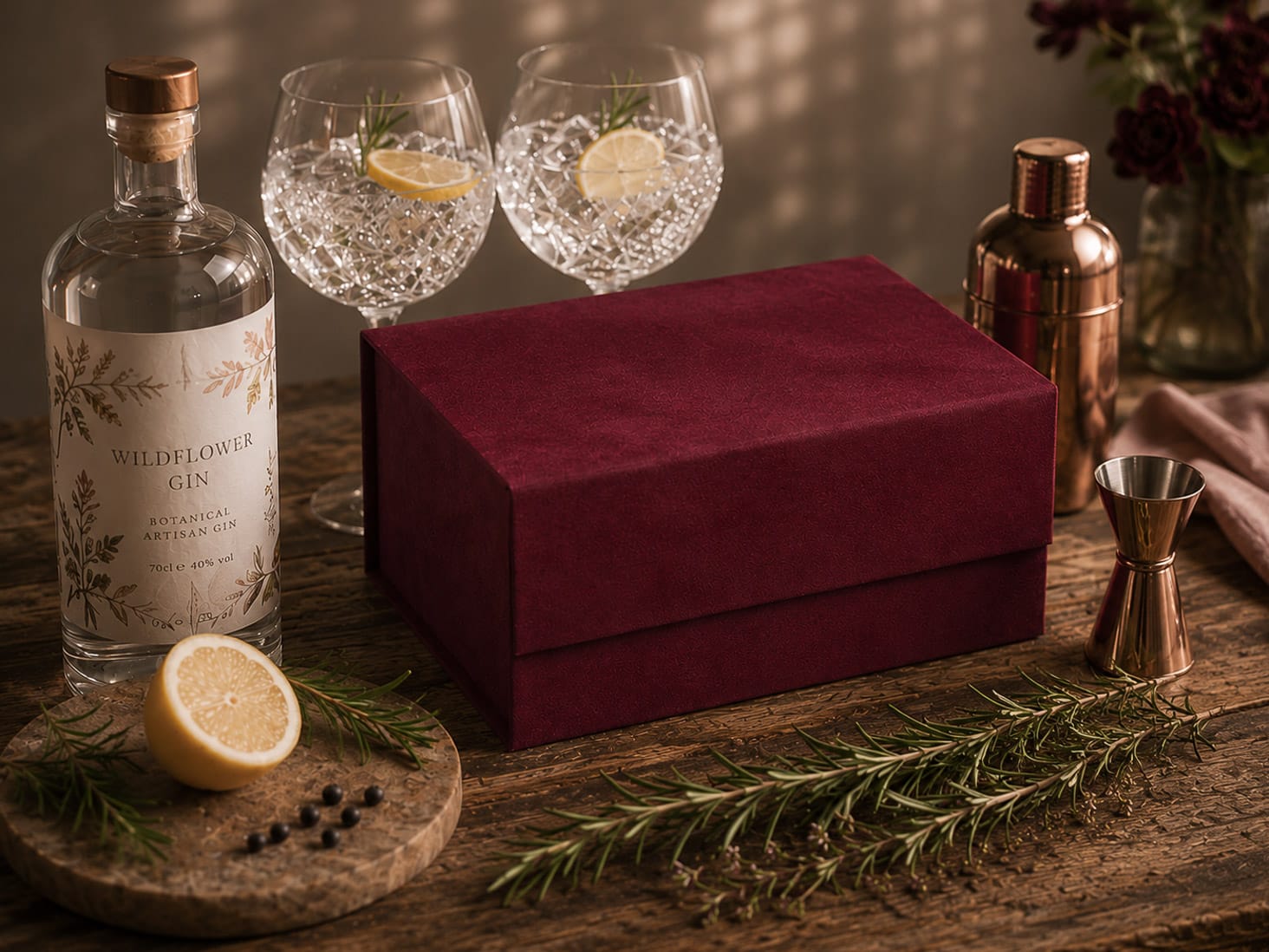 Burgundy Faux Suede Gift Box for Artisan Spirits