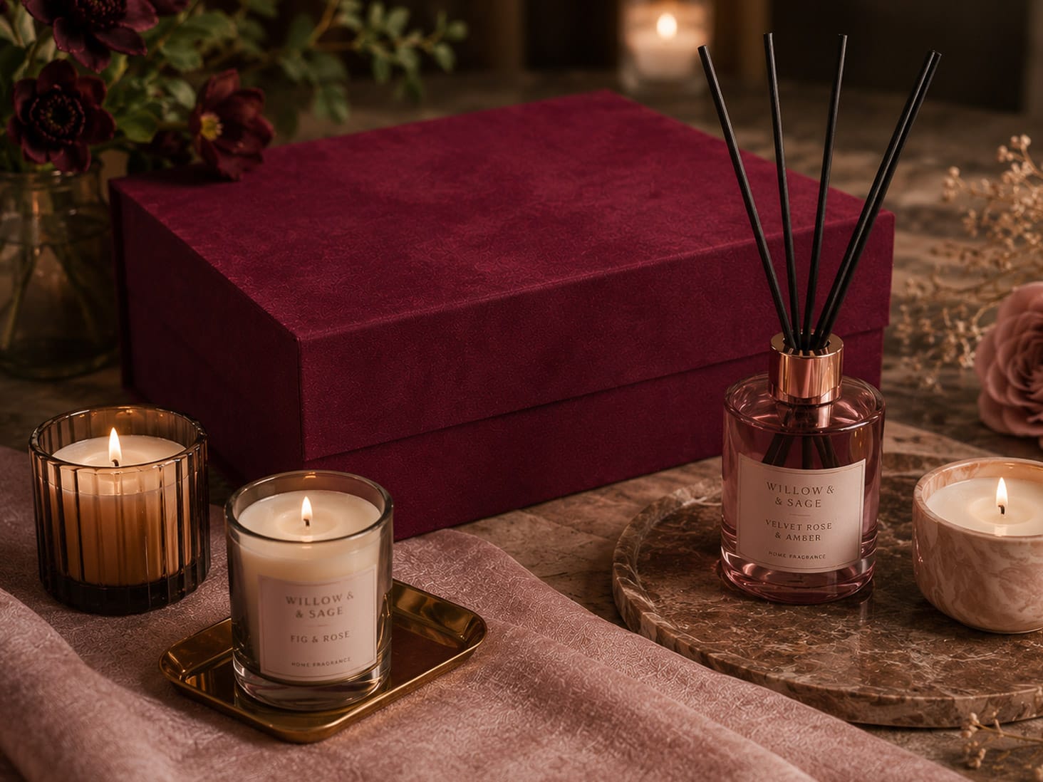 Burgundy Faux Seude Gift Box for Home Fragrance Gifts