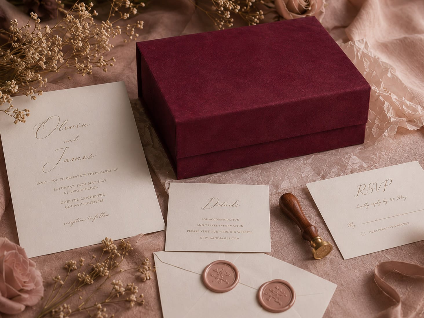 Burgundy Faux Suede Gift Box for Wedding Stationery and Keepsakes