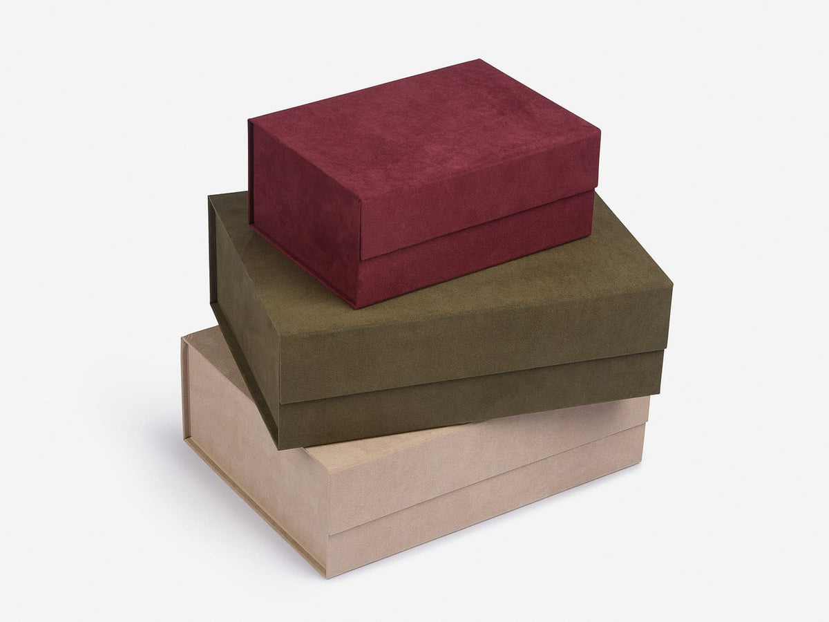 Burgundy Sage Green and Stone Stacked Faux Suede Gift Boxes