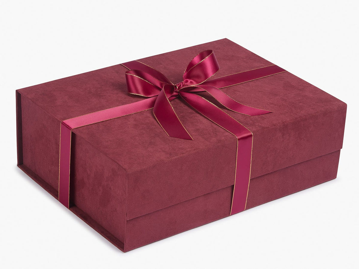 Burgundy Faux Suede Gift Box with GBurgundy Satin Gold Edged Ribbon