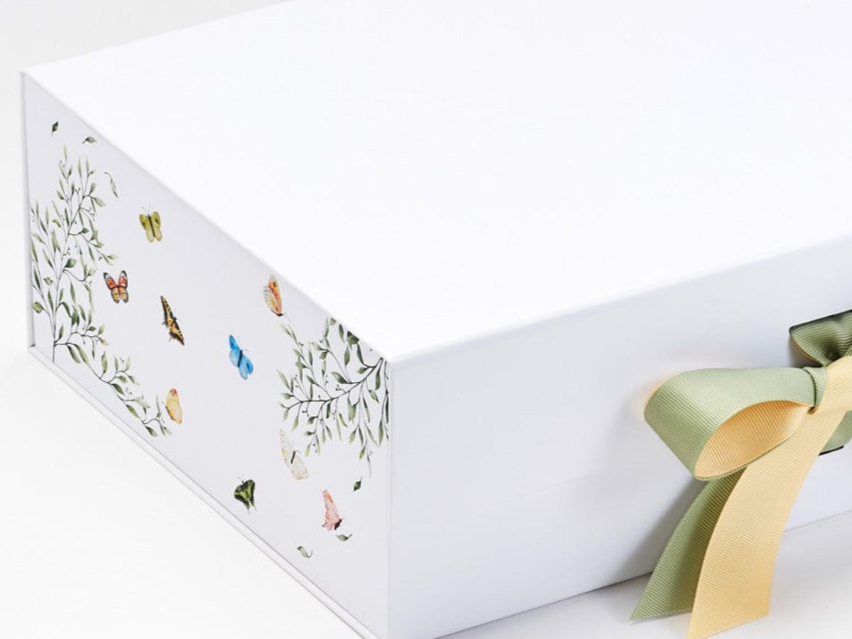 Butterfly Bonanza FAB Sides® Featured on White Gift Box with Spring Moss and Chamois Double Ribbon