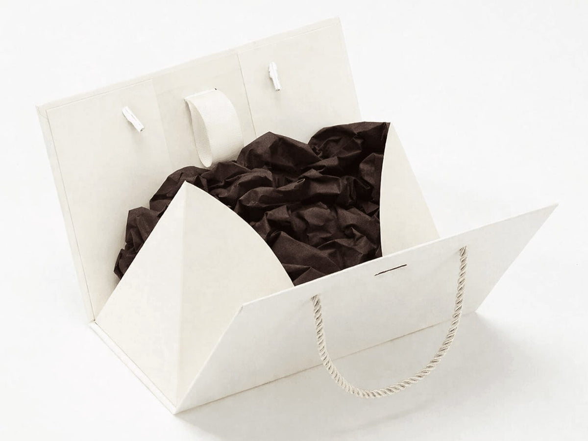 Ivory Boxbag with Chocolate Brown Tissue Paper scrunched inside on a white background