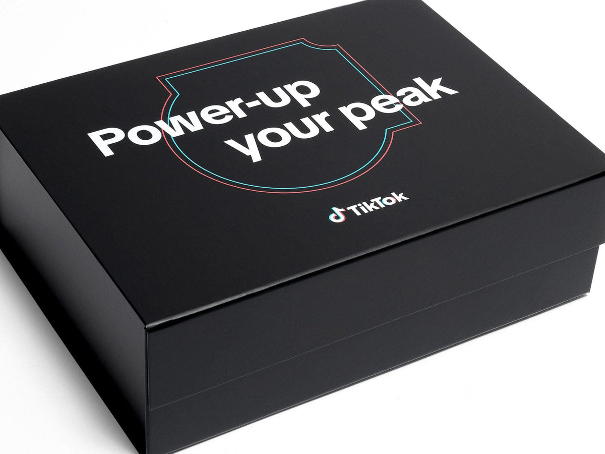 Black A4 Deep No Ribbon Gift box with 'Power-up your peak Tik Tok' logo on a white background