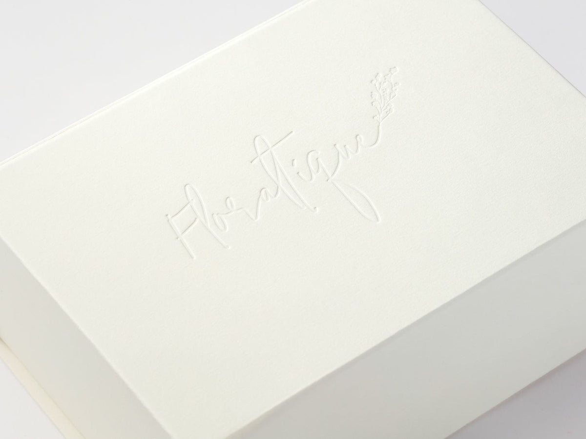 Debossed logo onto Ivory Gift Box