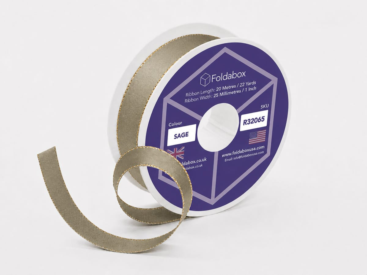 Deep Sage Green Satin Ribbon with Gold Stitched Edge