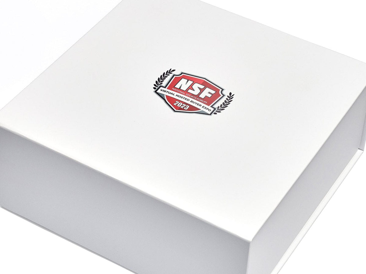 White XL Deep No Ribbon Gift box with NSF digitally printed logo on a white background