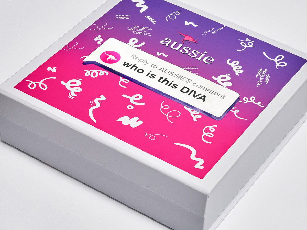 Aussie full-colour digitally printed design across box lid on Medium White No Ribbon Gift Boxes