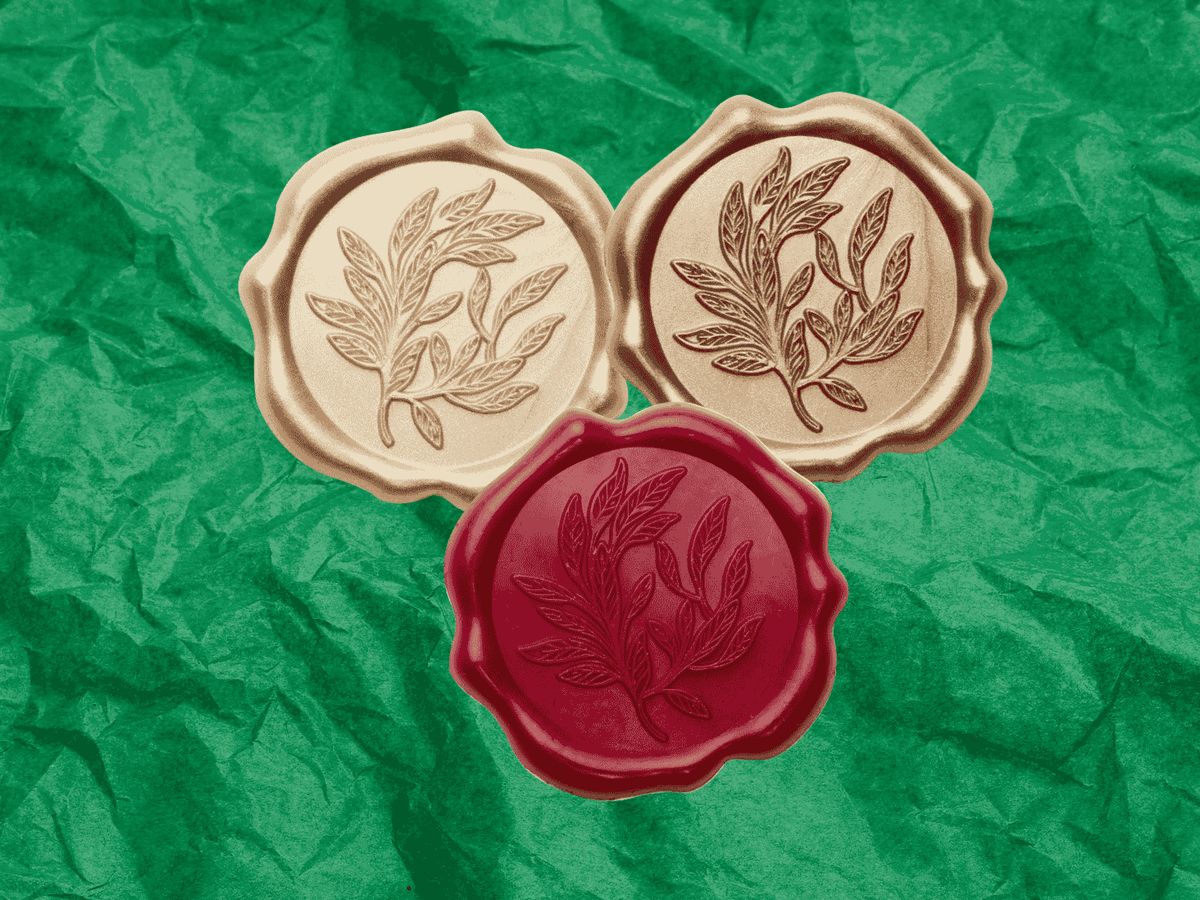 Emerald Green Tissue Paper with Gold, Copper and Red Wax Seals