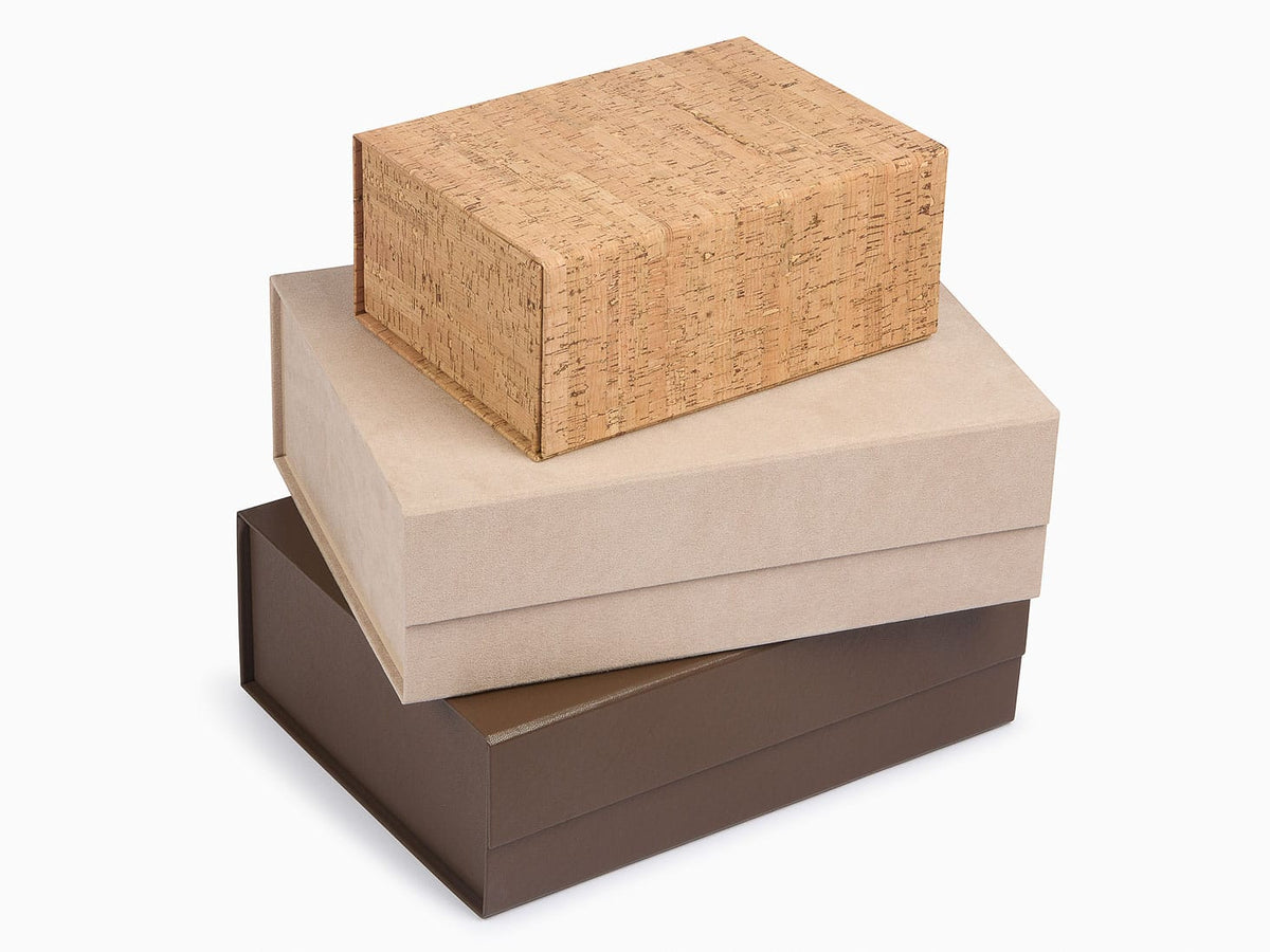 Stone Faux Suede Gift Box with Dark Brown Faux Leather and Natural Cork Stacked