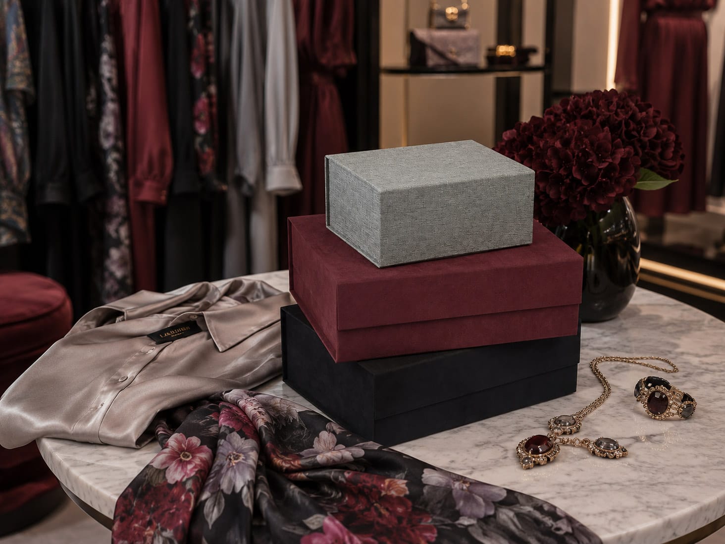 Burgundy and Black Faux Suede and Grey Linen Gift Boxes for Couture Clothing