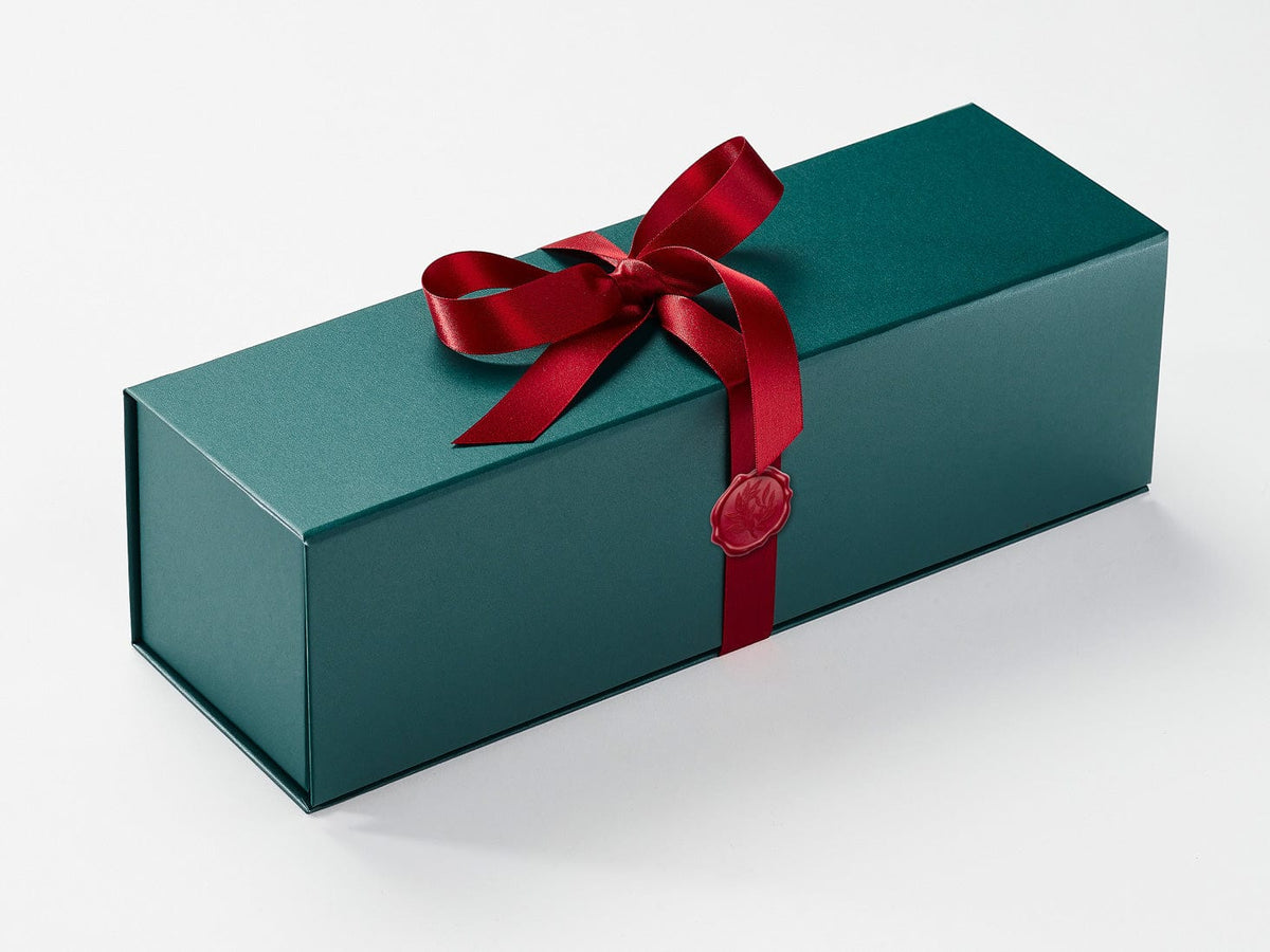 Forest Green Single Bottle Gift Box with Red Sparkle Wrapped Ribbon and Red Wax Seal
