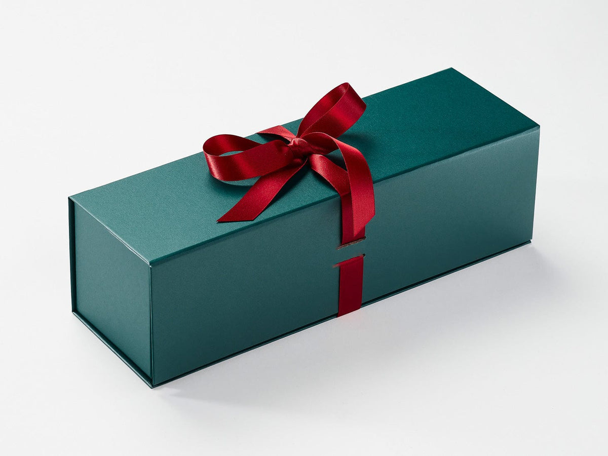 Forest Green Single Bottle Gift Box with Red Sparkle Wrapped Ribbon