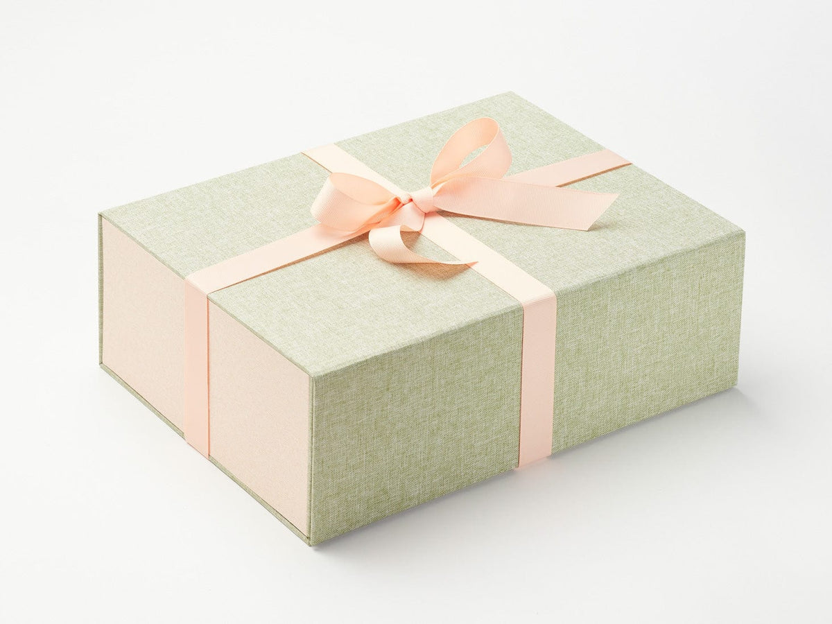 Peach Fuzz Ribbon Featured on Sage Green Linen Gift Box with Hessian Linen FAB Sides®